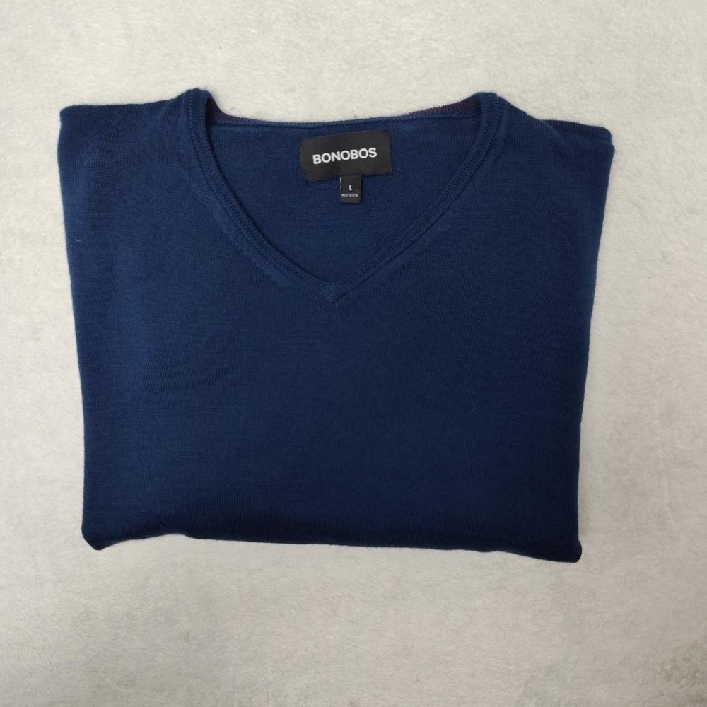 Bonobos Sweater Mens Large Blue V-Neck Merino Wool Tight-Knit Pullover Work